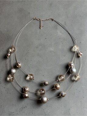 Multi-Strand Glass and Pearl Bead Necklace - Silver Gray
